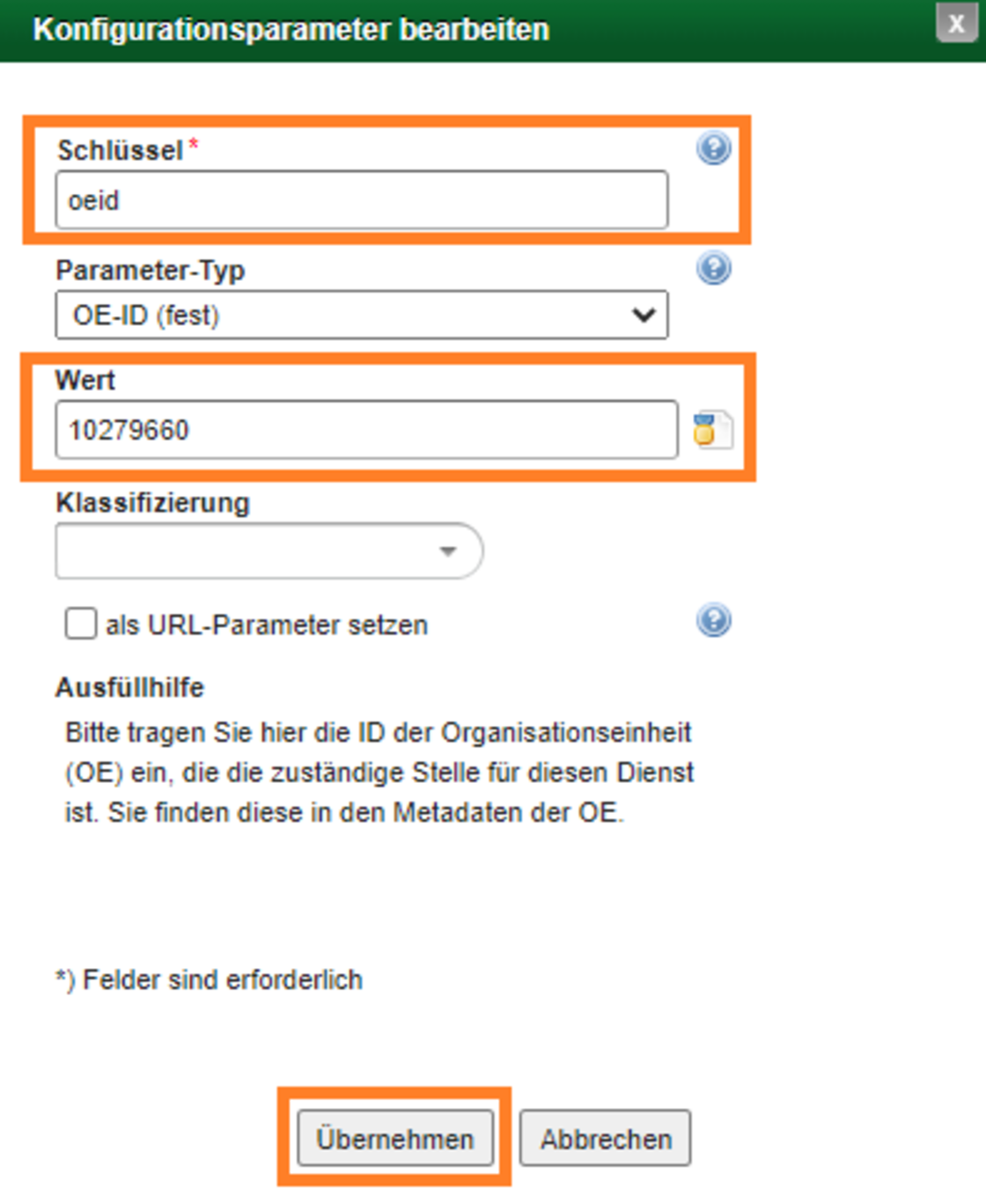 Screenshot des Schul ZuFiSH mit den Infos, welche Konfigurationsparameter einzugeben sind.
