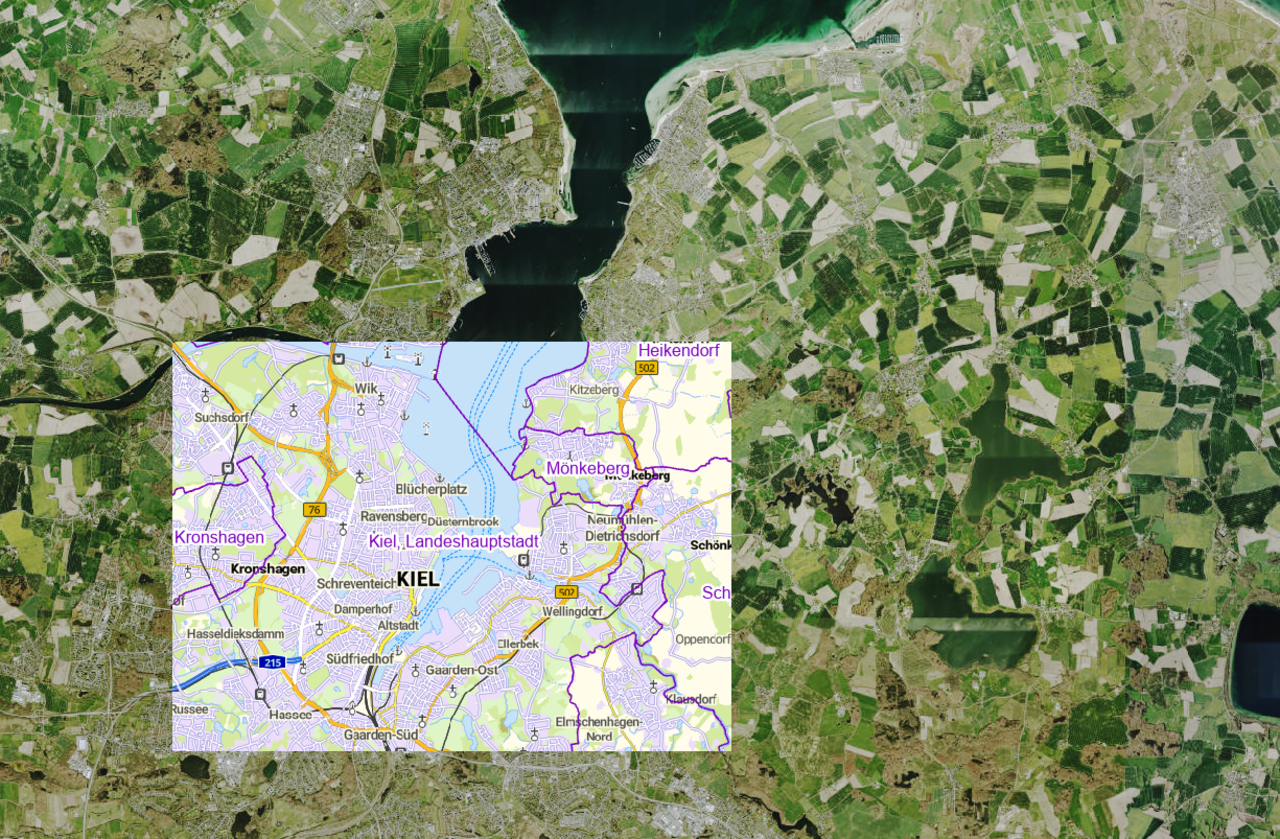 Luftaufnahme der Kieler Förde mit einem überlagerten Flächennutzungsplan
