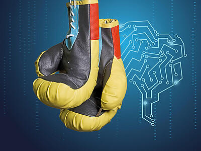 Zwei Boxhandschuhe vor einem Hintergrund mit digitalen Vernetzungen