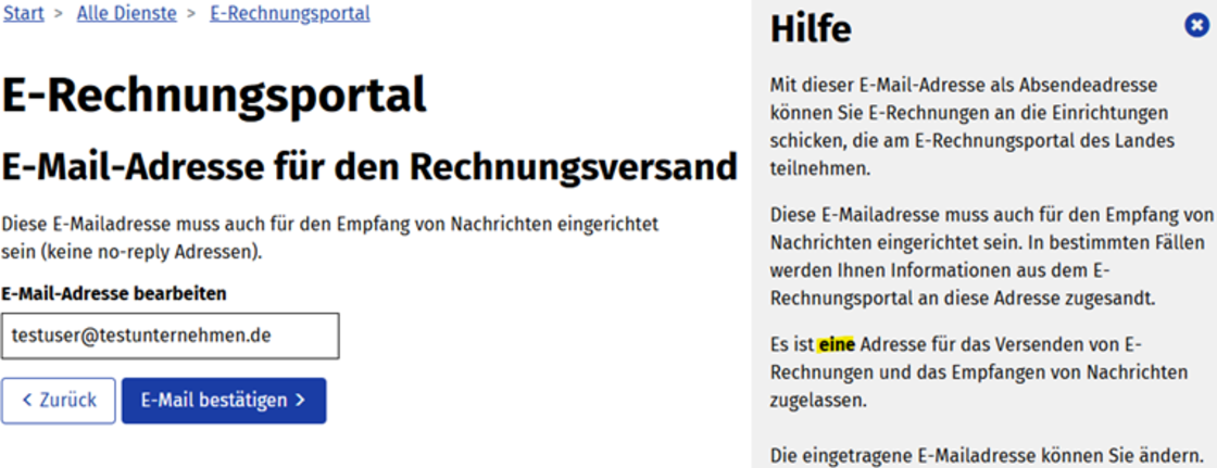 Screenshot des E-Rechnungsportals mit Informationen zum Rechnungsversand.