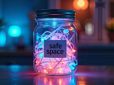 Ein hell erleuchtetes Einmachglas mit der Beschriftung "Safe Space"