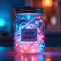 Ein hell erleuchtetes Einmachglas mit der Beschriftung "Safe Space"