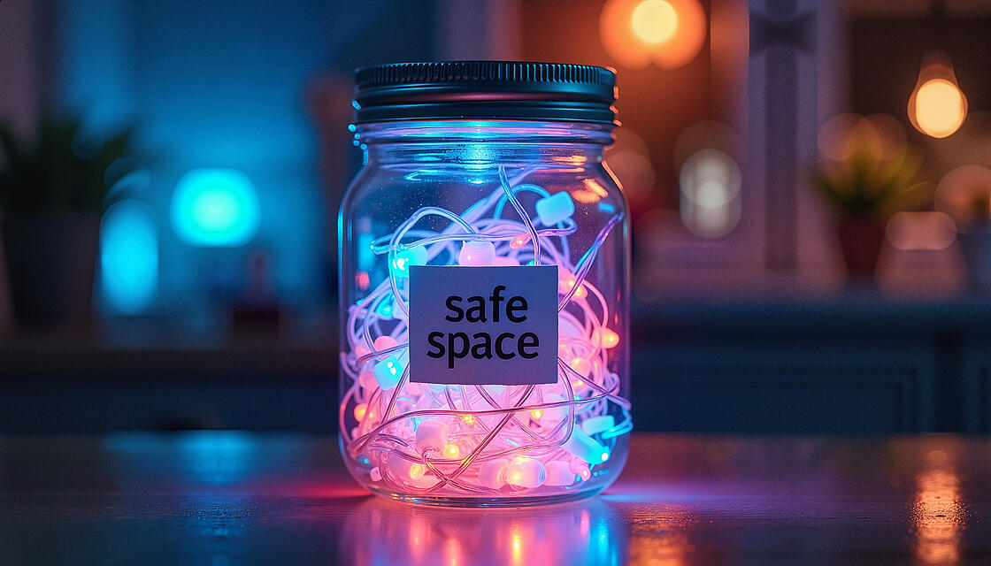 Ein hell erleuchtetes Einmachglas mit der Beschriftung "Safe Space"