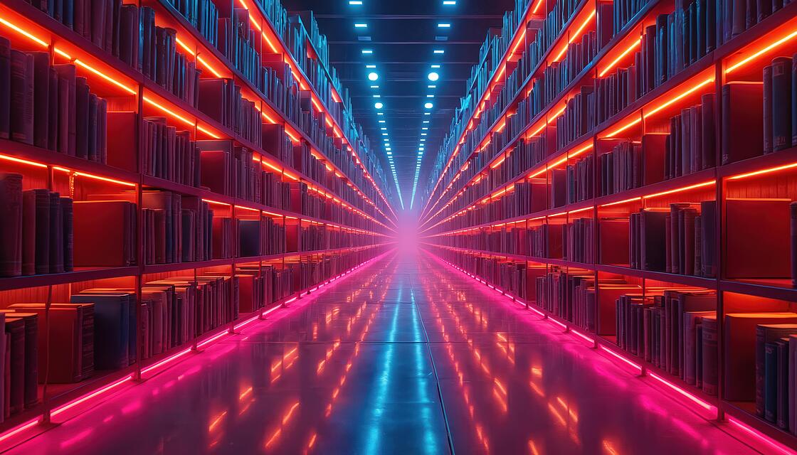 Eine endlose futuristische Bibliothek mit leuchtenden Buchregalen, die eine unendliche Wissensbibliothek symbolisieren.