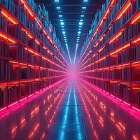 Eine endlose futuristische Bibliothek mit leuchtenden Buchregalen, die eine unendliche Wissensbibliothek symbolisieren.