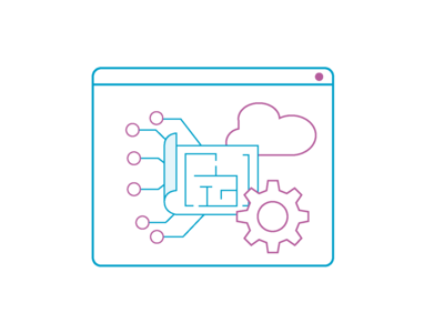 Icon mti einem Browserfenster in dem ein Bauplan zu sehen ist mit einer Wolke als Zeichen für eine Cloud und ein Zahnrad als Zeichen für Entwicklung