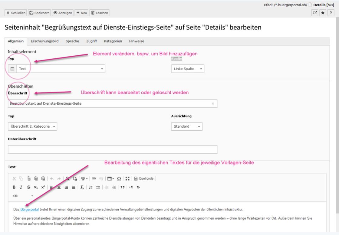 Screenshot, in dem die einzelnen Funktionen und Einstellungen der Inhaltselemente verwendet werden.