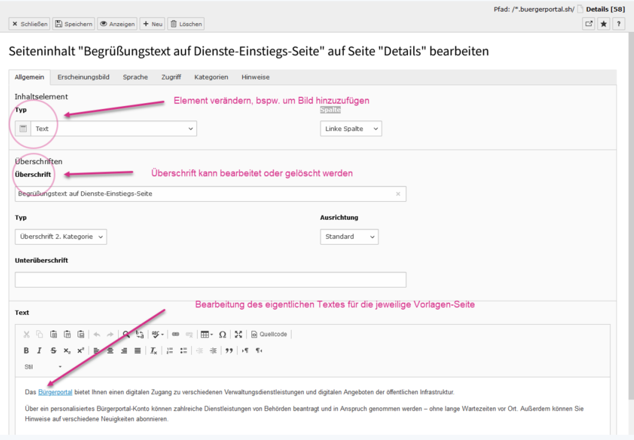 Screenshot, in dem die einzelnen Funktionen und Einstellungen der Inhaltselemente verwendet werden.