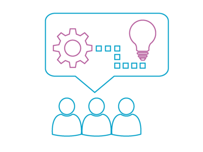 Icon mit drei stilisierten Personen und einer Sprechblase in der eine Prozesskette dargestellt ist.