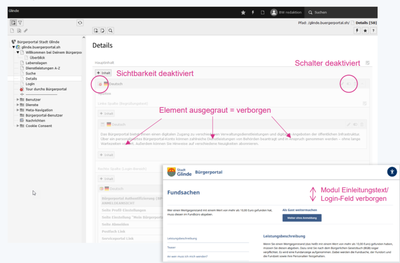 Screenshot, in dem erklärt wird wie einzelne Elemente sichtbar und unsichtbar geschaltet werden können und wie dies sich im Frontend auswirkt.