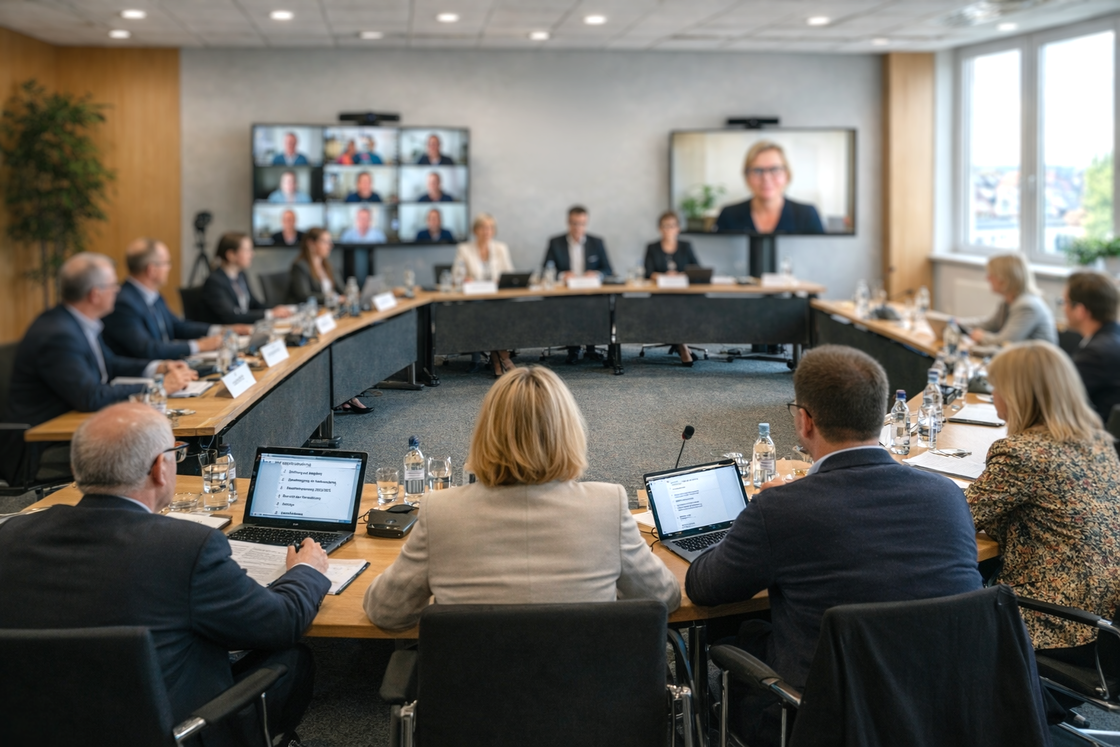 Sitzungssaal mit Gemeindeverterter:innen und im Hintergrund sind Bildschirme, auf denen die zugeschalteten Gemeindevertreter:innen zu sehen sind (KI generiert).