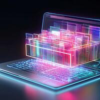 Laptopbildschirm mit einer stilisierten Schublade, in der digitale Ordner abgelegt sind.