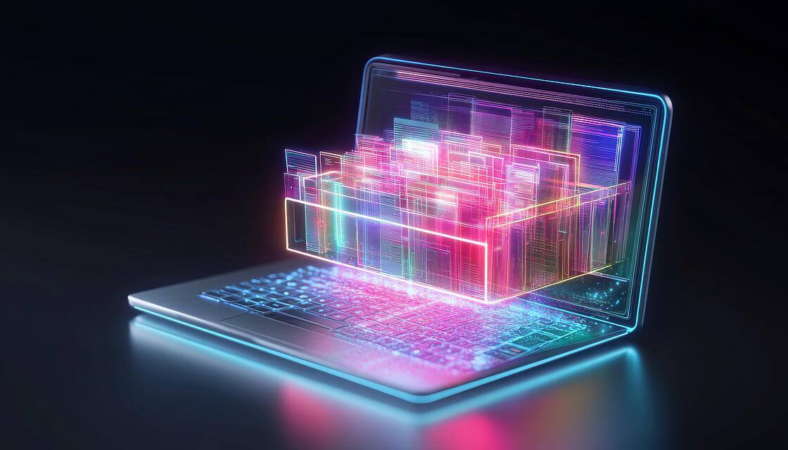 Laptopbildschirm mit einer stilisierten Schublade, in der digitale Ordner abgelegt sind.