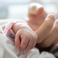Neugeborendes das den Zeigefinger der Mutter hält