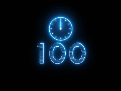 Schwarzer Hintergrund auf dem in blauer Schrift leuchtend die Zahl 100 sowie eine Uhr abgebildet sind