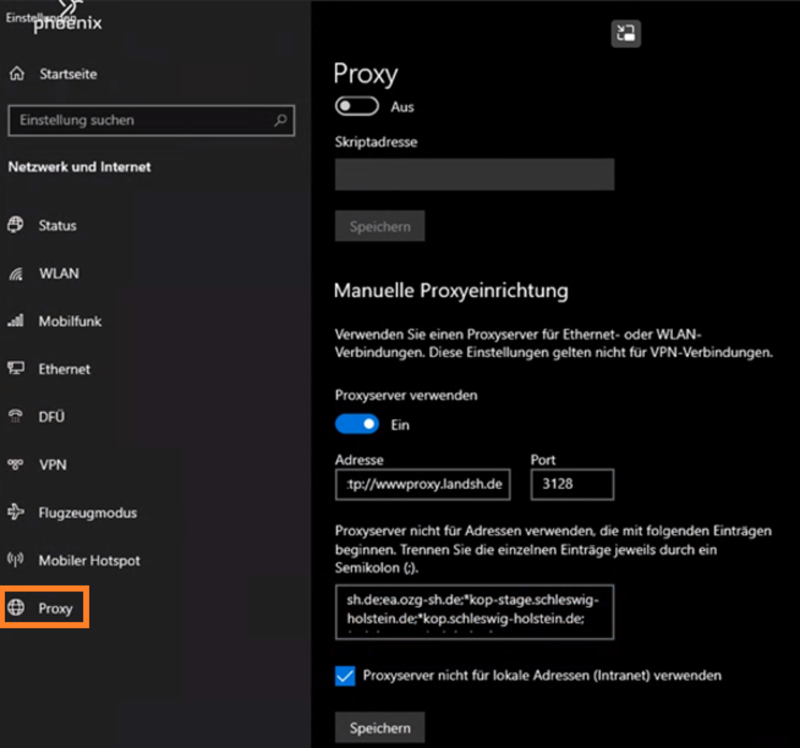 Screenshot der Windows-Einstellungen mit der manuellen Proxyeinrichtung