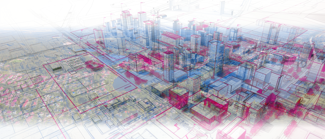 Luftbild der Stadt Mölln mit einem darübergelagernten Bauplan einer futuristischen Stadt.