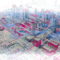 Luftbild der Stadt Mölln mit einem darübergelagernten Bauplan einer futuristischen Stadt.