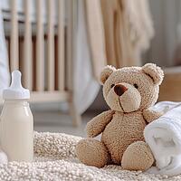 Kinderzimmer mit Plüschbär und Trinkflasche auf einer Decke