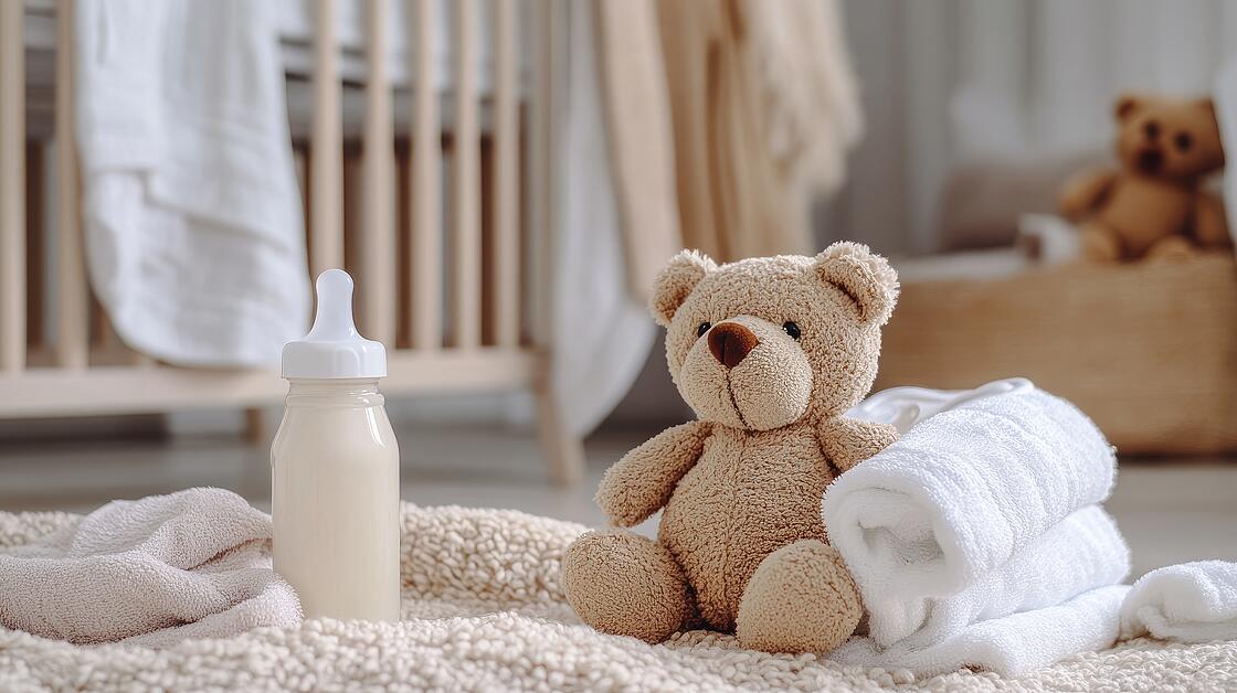 Kinderzimmer mit Plüschbär und Trinkflasche auf einer Decke