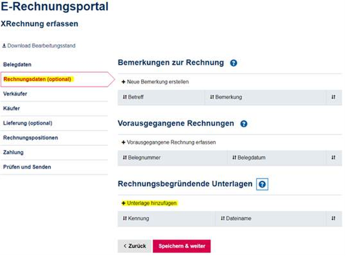 Screenshot des E-Rechnungsportals, um eine Rechnung zu erfassen.