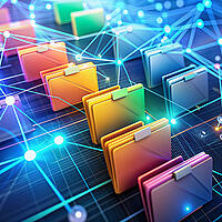 Digitale Ordner und Dokumente, die von leuchtenden Netzwerkverbindungen umgeben sind.