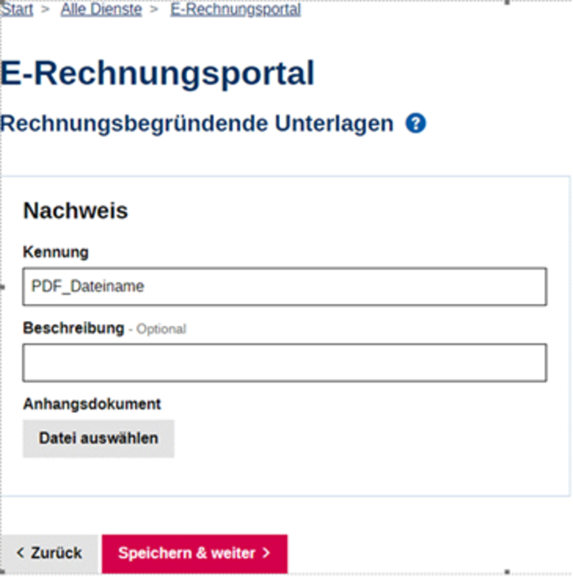 Screenshot des E-Rechnungsportals, um eine Rechnungsbegründung anzugeben.