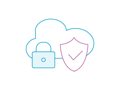 Icon mit einer Wolke, die für eine Cloud steht, einem Siegel für Zertifizierungen sowie einem Schloss für Sicherheit