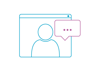 Icon mit einem stilisierten Bildschirmfenster, in dem eine Person mit einer Sprechblase zu sehen ist.