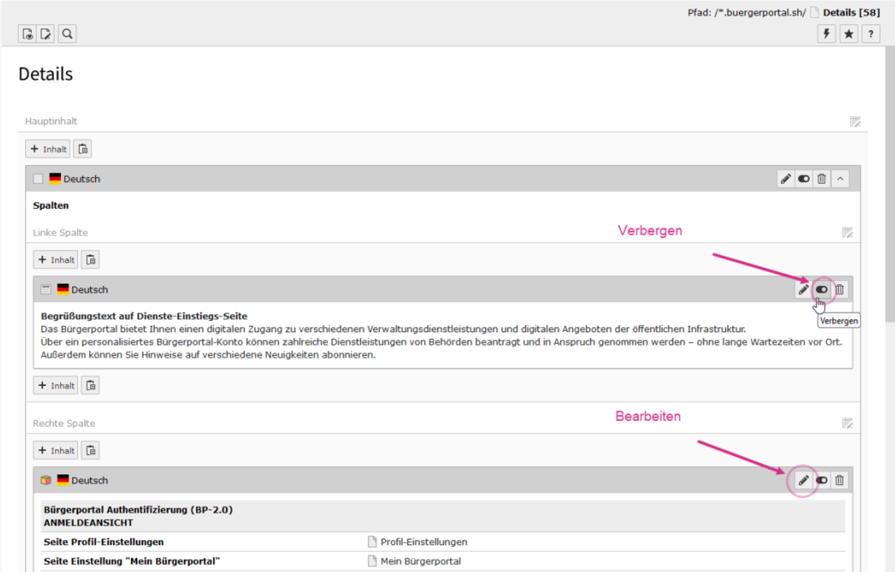 Screenshot in dem erklärt wird, wie man Inhaltselemente in Typo3 sichtbar und unsichtbar schaltet.