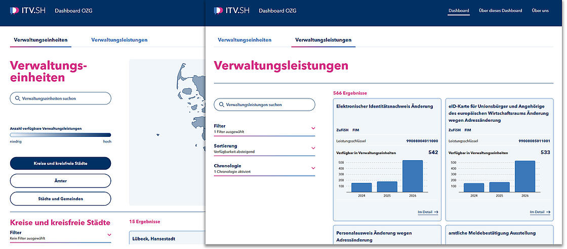 Screenshots des Dashboards mit der Suchfunktion für Verwaltungsleistungen und für Verwaltungseinheiten.
