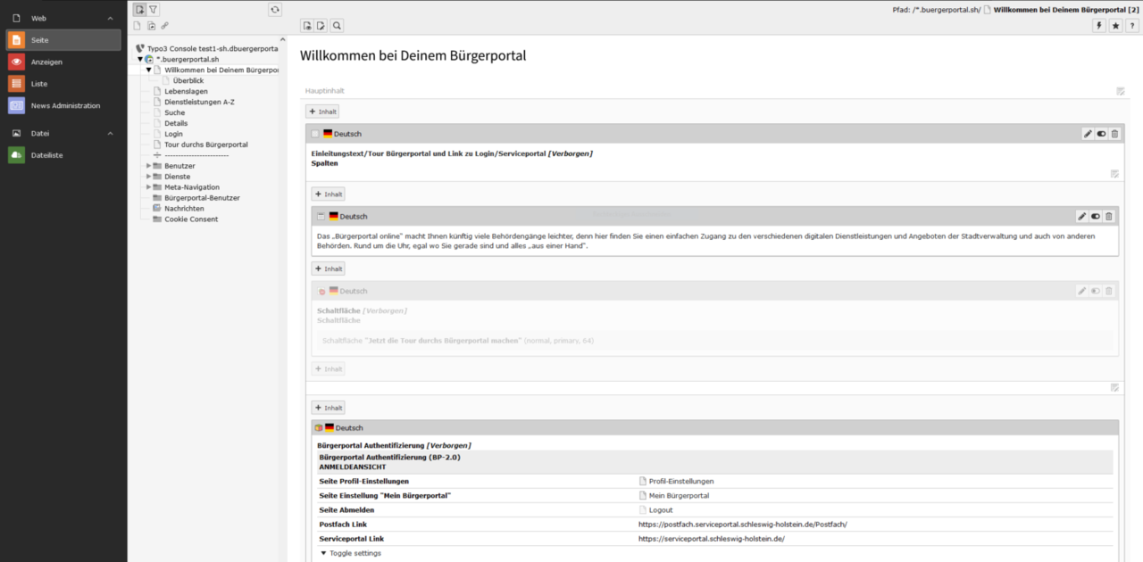 Screenshot des Bürgerportal-Backends. Man sieht die Basisnaviagation