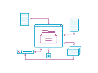 Icon, das zeigt, wie verschiedene Dateiarten in ein digitales Archiv übertragen werden.