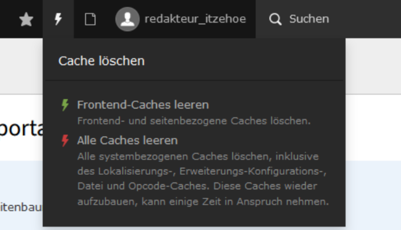 Screenshot, wie man im Backend den Cache löscht.
