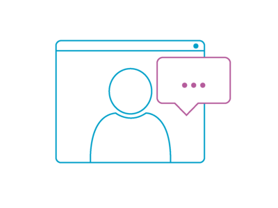 Icon mit einem stilisierten Bildschirmfenster, in dem eine Person mit einer Sprechblase zu sehen ist.