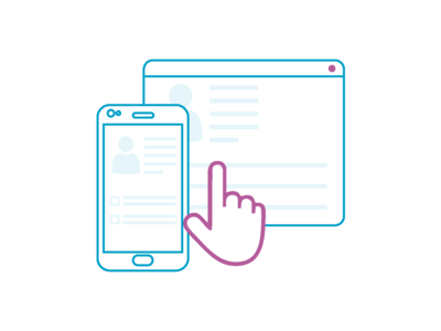 Icon mit einem Browserfenster und einem Mobiltelefon, auf die ein Zeigefinger tippt.