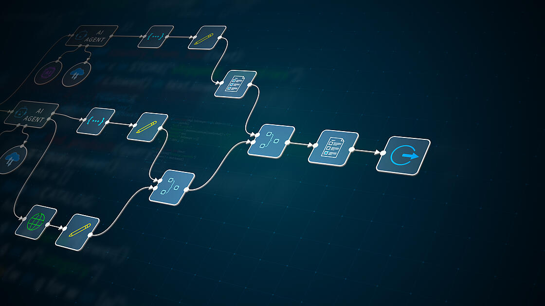 Stilisierter Workflow mit futuristisch beleuchteten Symbolen