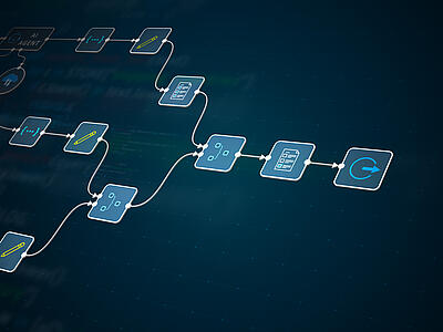 Stilisierter Workflow mit futuristisch beleuchteten Symbolen