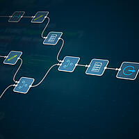 Stilisierter Workflow mit futuristisch beleuchteten Symbolen