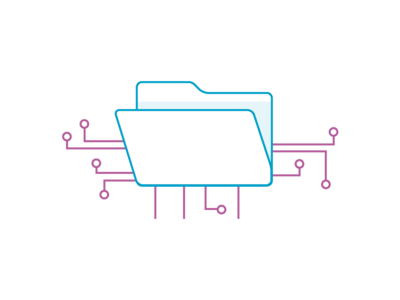Icon mit einer Registermappe, von der schematisch Vernetzungsleitungen ausgehen.