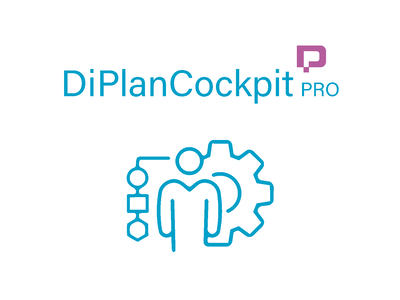 Logo von DiPlan Cockpit Pro: Eine Person mit einem Zahnrad und Auswahloptionen